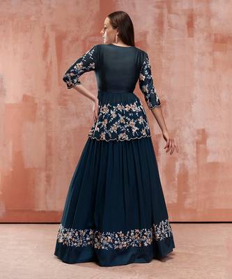 Peacock Blue Georgette Crepe Lehenga 2