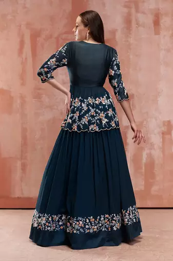 Peacock Blue Georgette Crepe Lehenga
