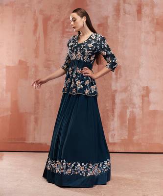 Peacock Blue Georgette Crepe Lehenga 3