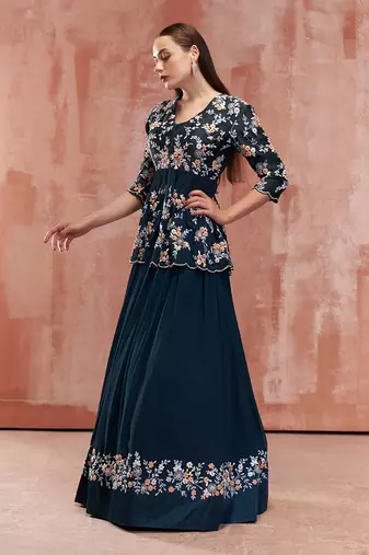 Peacock Blue Georgette Crepe Lehenga