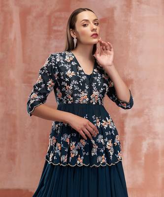 Peacock Blue Georgette Crepe Lehenga 4
