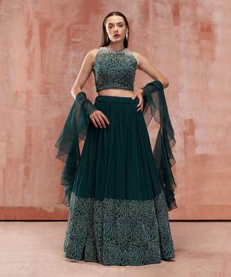 Bottle Green Georgette Lehenga 1