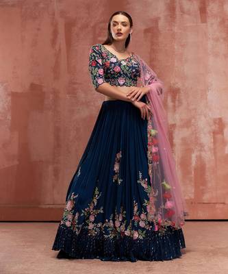 Peacock Blue Georgette Crepe Lehenga 1