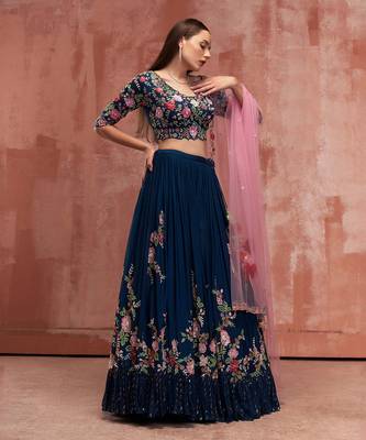 Peacock Blue Georgette Crepe Lehenga 3