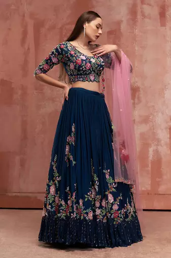 Peacock Blue Georgette Crepe Lehenga