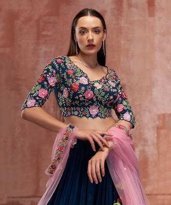Peacock Blue Georgette Crepe Lehenga 4