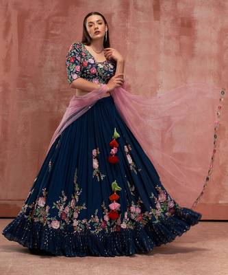 Peacock Blue Georgette Crepe Lehenga 5