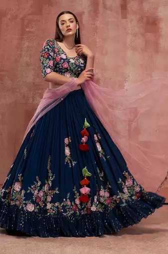Peacock Blue Georgette Crepe Lehenga