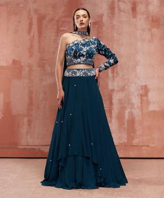 Teal Blue Georgette Crepe Lehenga 1