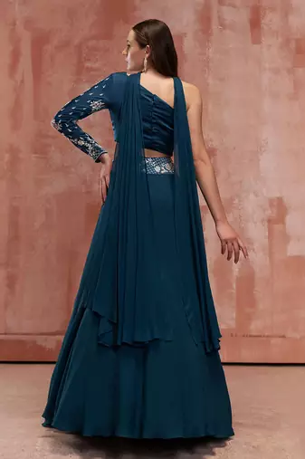 Teal Blue Georgette Crepe Lehenga