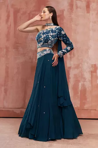 Teal Blue Georgette Crepe Lehenga
