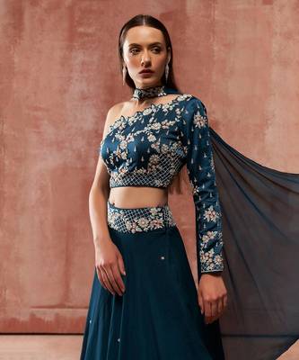 Teal Blue Georgette Crepe Lehenga 4