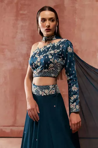 Teal Blue Georgette Crepe Lehenga