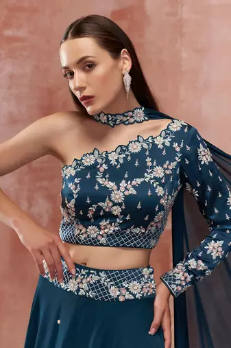 Teal Blue Georgette Crepe Lehenga