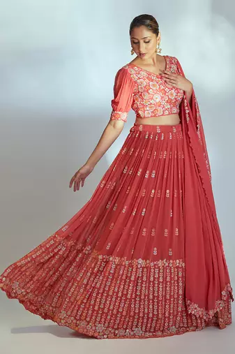 Coral Georgette Lehenga