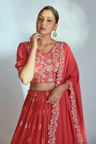 Coral Georgette Lehenga