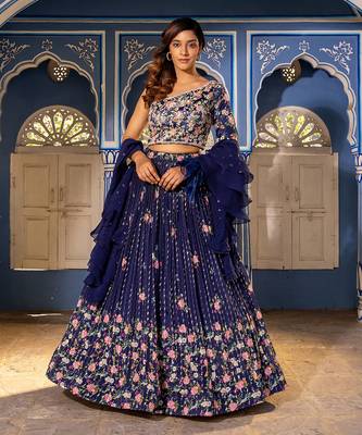 Navy Blue Georgette Crepe Fusion Lehenga 1