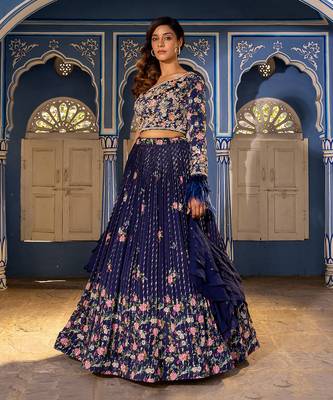 Navy Blue Georgette Crepe Fusion Lehenga 2