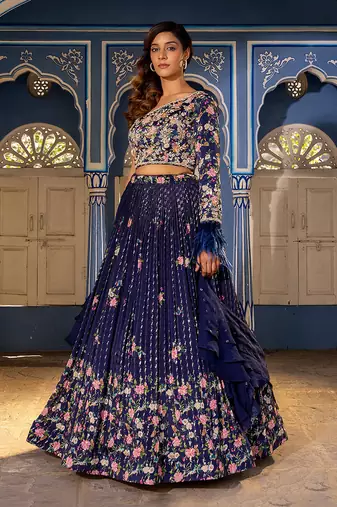 Navy Blue Georgette Crepe Fusion Lehenga