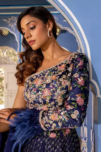 Navy Blue Georgette Crepe Fusion Lehenga