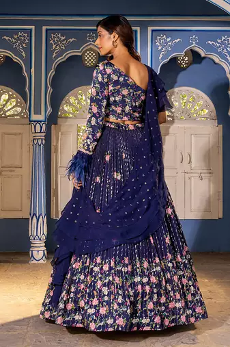 Navy Blue Georgette Crepe Fusion Lehenga