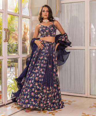 Navy Blue Georgette Crepe Fusion Lehenga 1