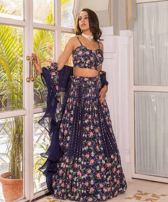 Navy Blue Georgette Crepe Fusion Lehenga 2