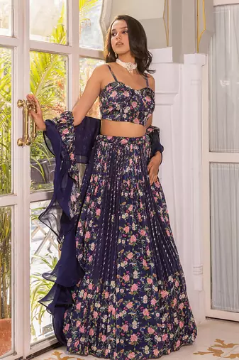 Navy Blue Georgette Crepe Fusion Lehenga