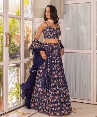 Navy Blue Georgette Crepe Fusion Lehenga 3