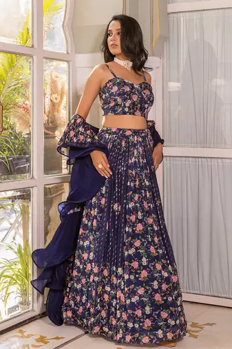 Navy Blue Georgette Crepe Fusion Lehenga