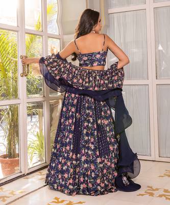 Navy Blue Georgette Crepe Fusion Lehenga 4