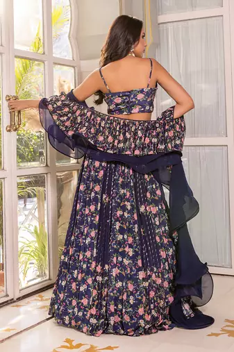 Navy Blue Georgette Crepe Fusion Lehenga