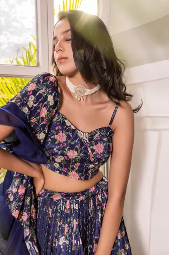 Navy Blue Georgette Crepe Fusion Lehenga