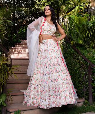 Off White Georgette Crepe 3 Tier Bustier Lehenga Set 1