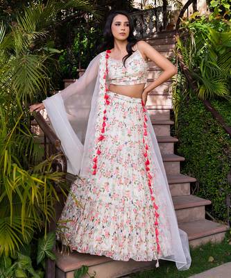 Off White Georgette Crepe 3 Tier Bustier Lehenga Set 2