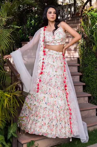 Off White Georgette Crepe 3 Tier Bustier Lehenga Set