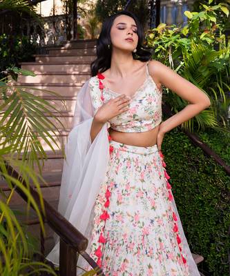 Off White Georgette Crepe 3 Tier Bustier Lehenga Set 3