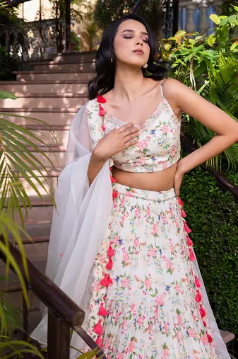 Off White Georgette Crepe 3 Tier Bustier Lehenga Set
