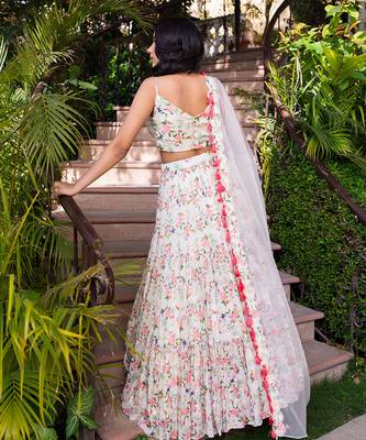 Off White Georgette Crepe 3 Tier Bustier Lehenga Set 4