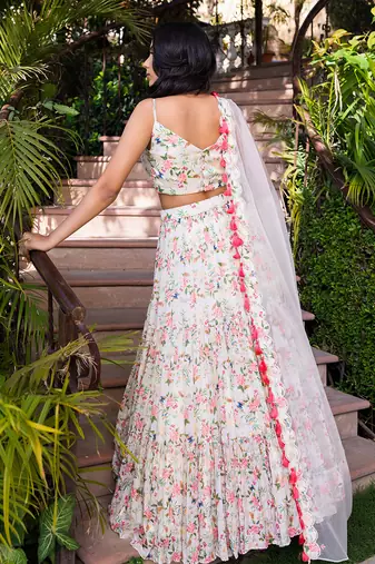 Off White Georgette Crepe 3 Tier Bustier Lehenga Set