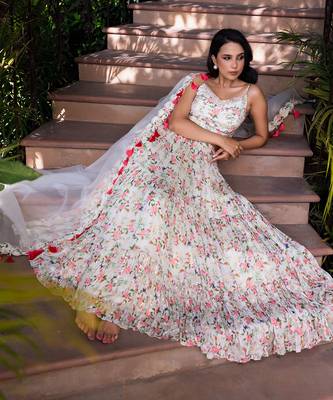 Off White Georgette Crepe 3 Tier Bustier Lehenga Set 5