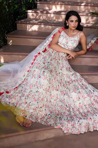 Off White Georgette Crepe 3 Tier Bustier Lehenga Set