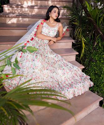 Off White Georgette Crepe 3 Tier Bustier Lehenga Set 6