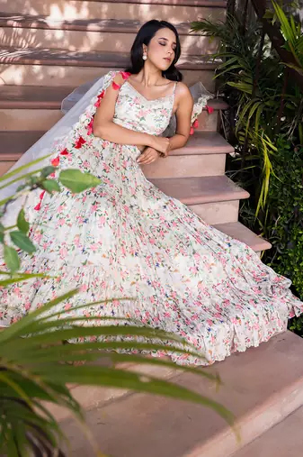 Off White Georgette Crepe 3 Tier Bustier Lehenga Set