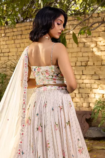 Off White Georgette Crepe Bustier Lehenga Set
