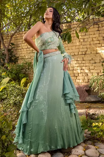 Green Georgette Crepe Lehenga Set