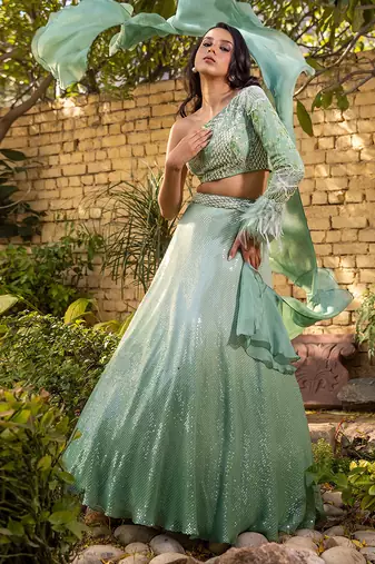 Green Georgette Crepe Lehenga Set