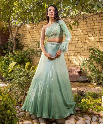 Green Georgette Crepe Lehenga Set 6