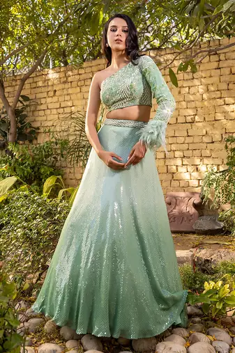 Green Georgette Crepe Lehenga Set