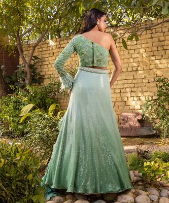 Green Georgette Crepe Lehenga Set 7